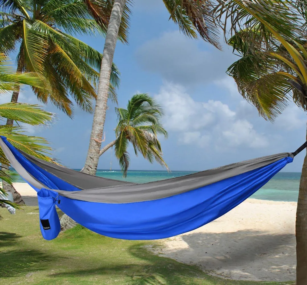 Gold Armour Camping Hammock with Bug Net - XL Double Hammock Portable Hammock Camping Accessories Gear Mosquito Bug Net Set for Outdoor Indoor, USA Based Brand (Blue & Gray)