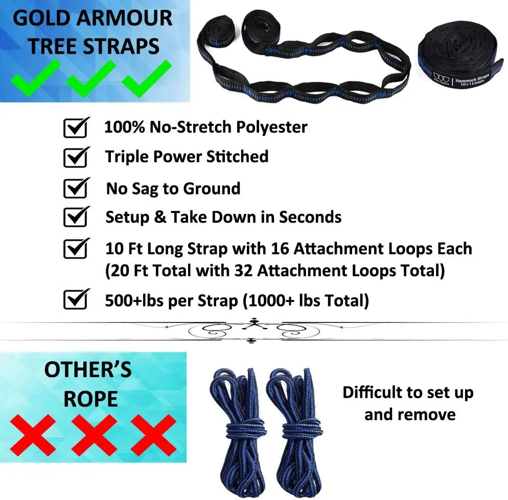 Gold Armour Camping Hammock with Bug Net - XL Double Hammock Portable Hammock Camping Accessories Gear Mosquito Bug Net Set for Outdoor Indoor, USA Based Brand (Blue & Gray)