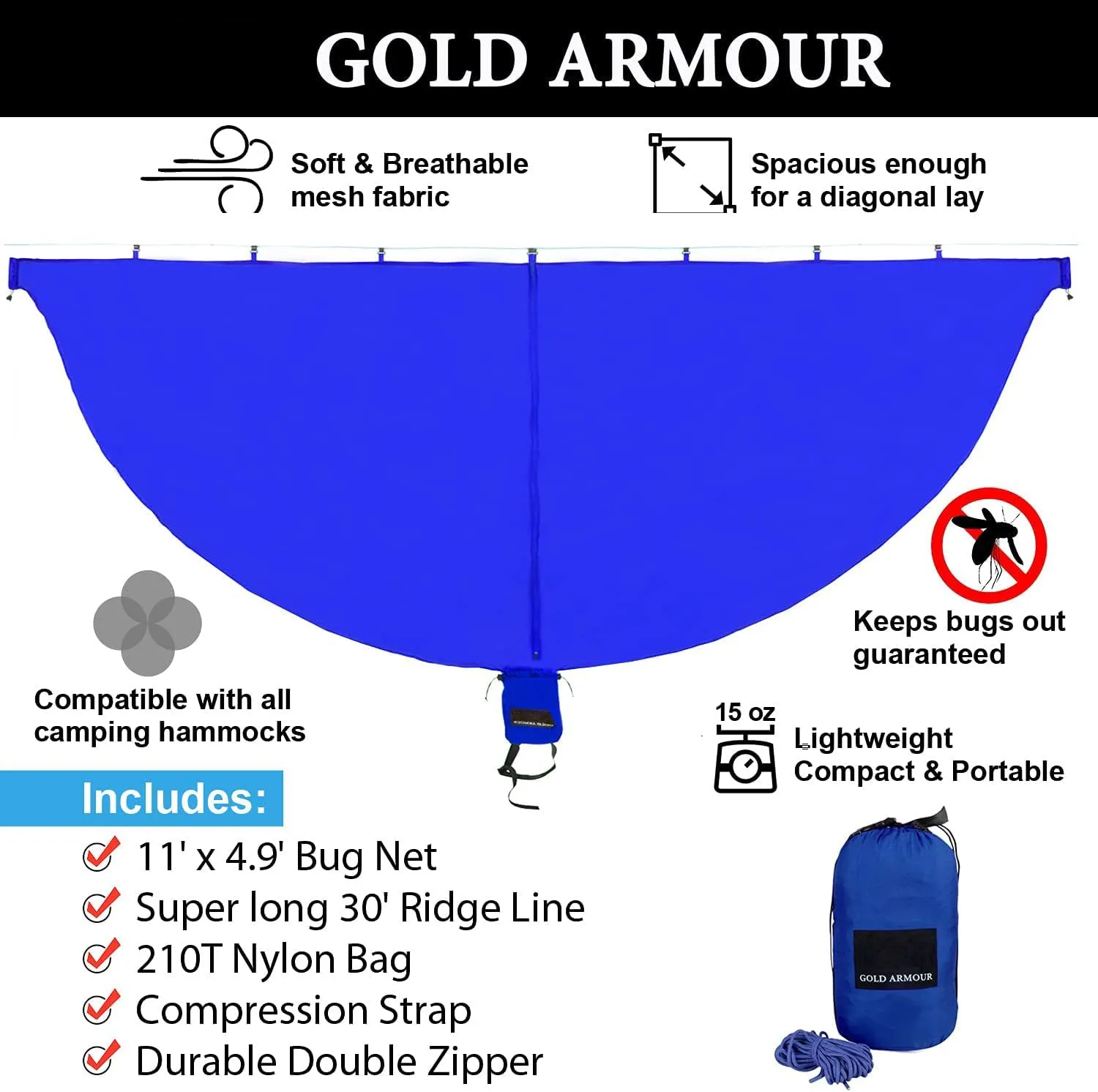 Gold Armour Camping Hammock with Bug Net - XL Double Hammock Portable Hammock Camping Accessories Gear Mosquito Bug Net Set for Outdoor Indoor, USA Based Brand (Blue & Gray)