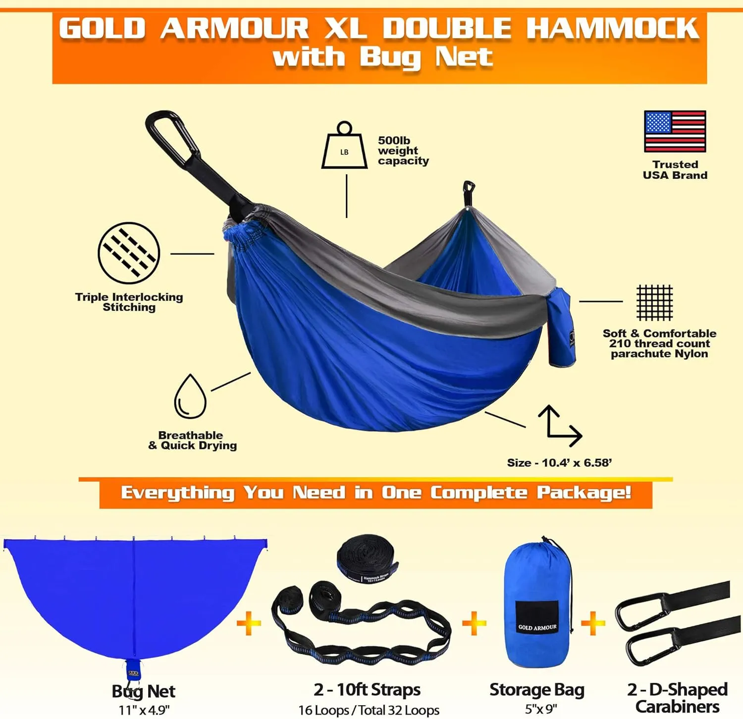 Gold Armour Camping Hammock with Bug Net - XL Double Hammock Portable Hammock Camping Accessories Gear Mosquito Bug Net Set for Outdoor Indoor, USA Based Brand (Blue & Gray)