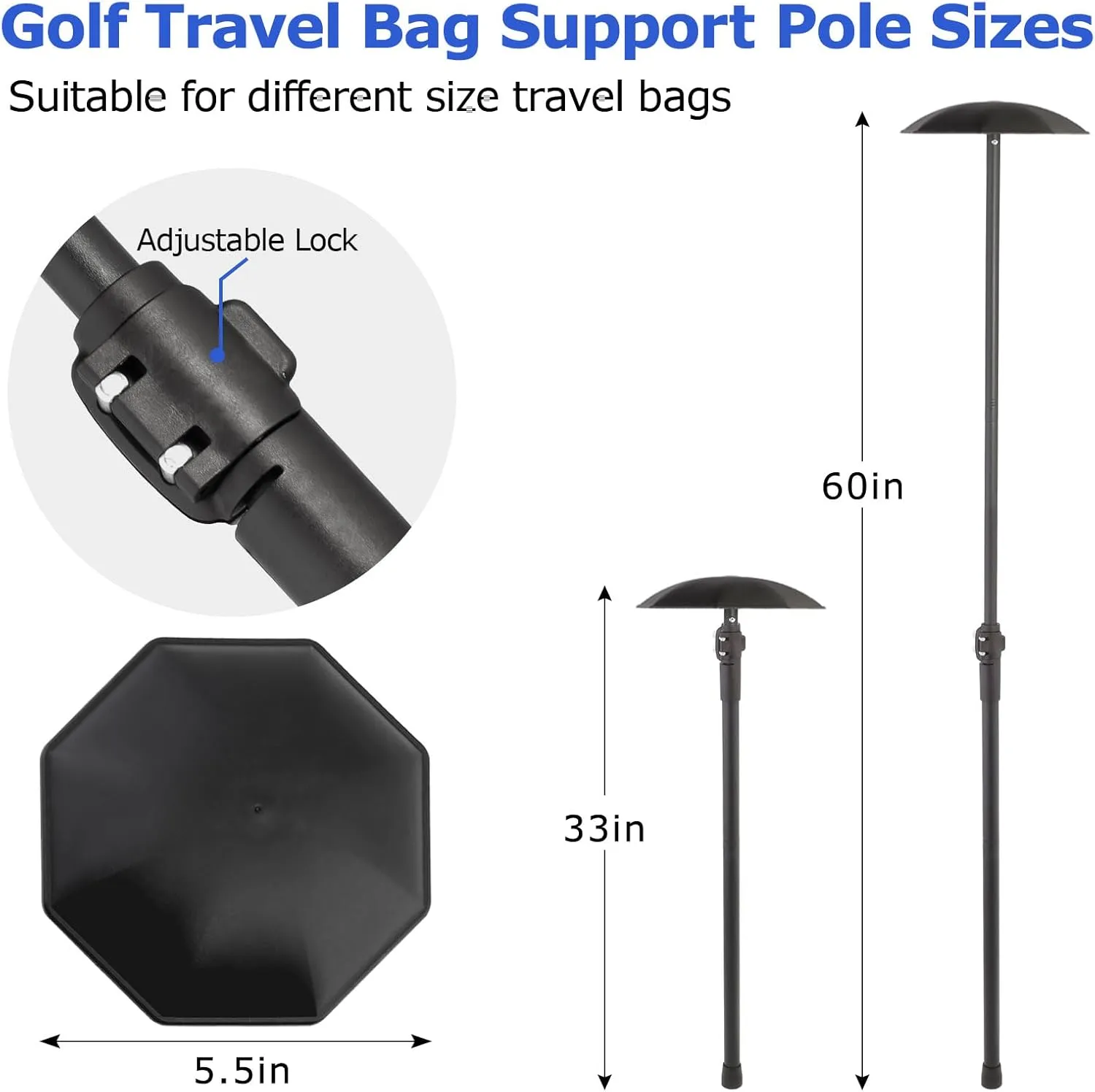 Golf Travel Bag Support Pole, 33"-60" Golf Travel Bag Support Pole Backup Support Adjustable for Airlines Stiff Arm Club Protector Metal Pole Hard Cover Black