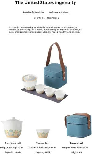 Gongfu Ceramic Tea Set - 6-Piece Portable Asian Set With Travel Bag, High-End Gift Box for Adults, Home, Office and Outdoor Use (Cyan)