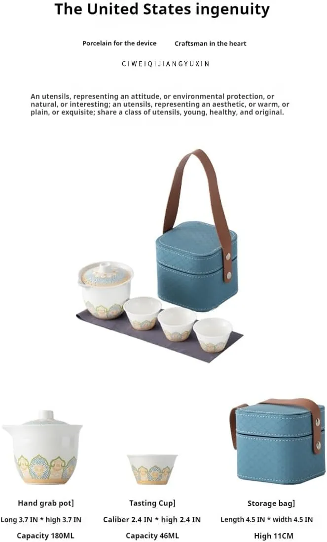 Gongfu Ceramic Tea Set - 6-Piece Portable Asian Set With Travel Bag, High-End Gift Box for Adults, Home, Office and Outdoor Use (Cyan)