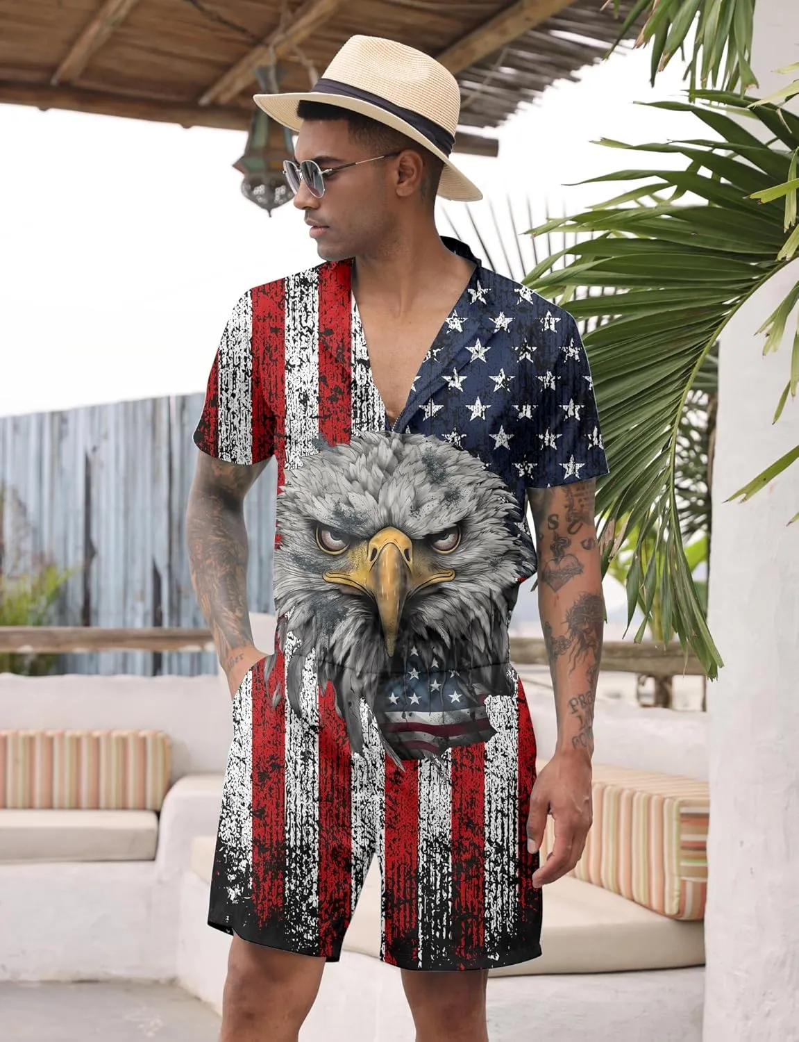 Goodstoworld Male Hawaiian Romper Fashion Zipper Slim Fit Jumpsuit with Pocket S-XXL
