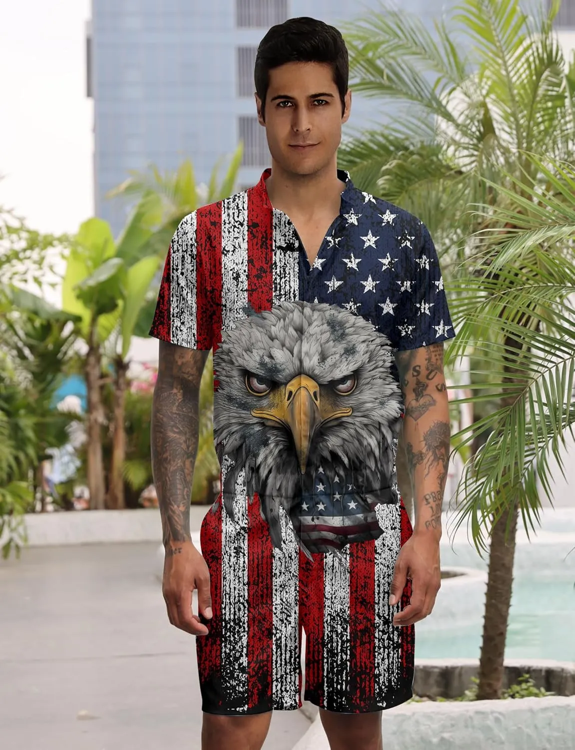 Goodstoworld Male Hawaiian Romper Fashion Zipper Slim Fit Jumpsuit with Pocket S-XXL