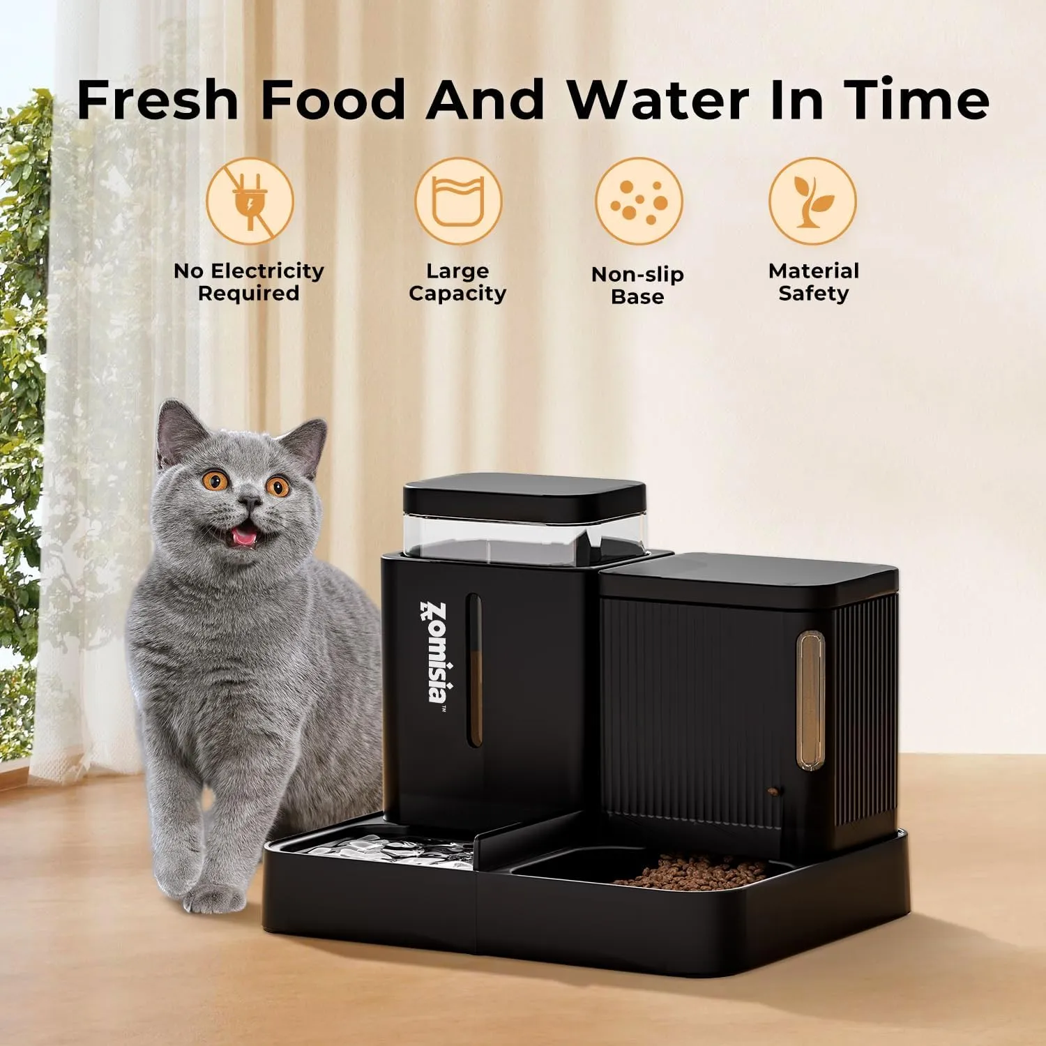 Gravity Cat Feeder and Water Dispenser, 2 in 1 Automatic Cat Feeder with 180 Degree Rotatable, 2 Pack Large Capacity Self Feeding for Small Medium Dog Puppy Kitten, Black, 0.8 Gallon x 2
