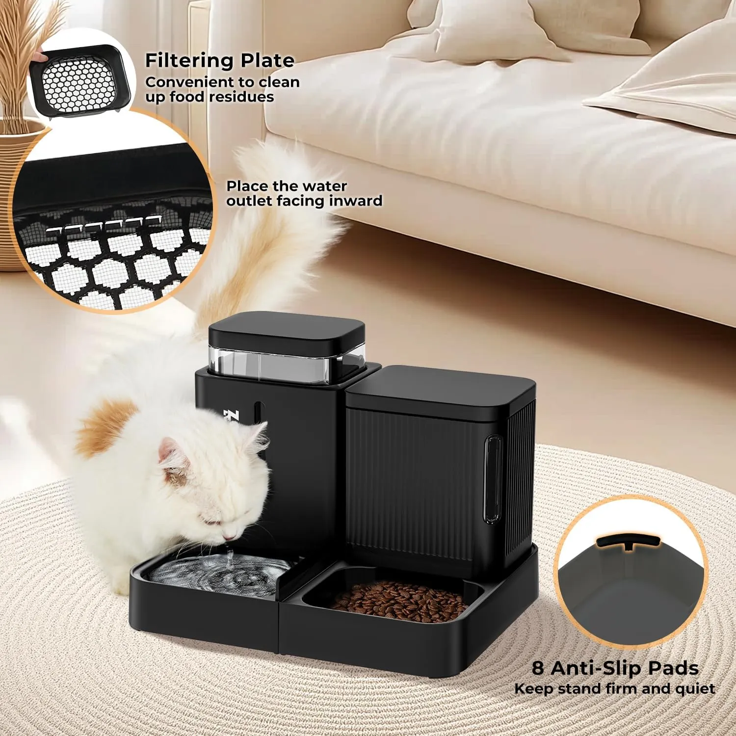 Gravity Cat Feeder and Water Dispenser, 2 in 1 Automatic Cat Feeder with 180 Degree Rotatable, 2 Pack Large Capacity Self Feeding for Small Medium Dog Puppy Kitten, Black, 0.8 Gallon x 2