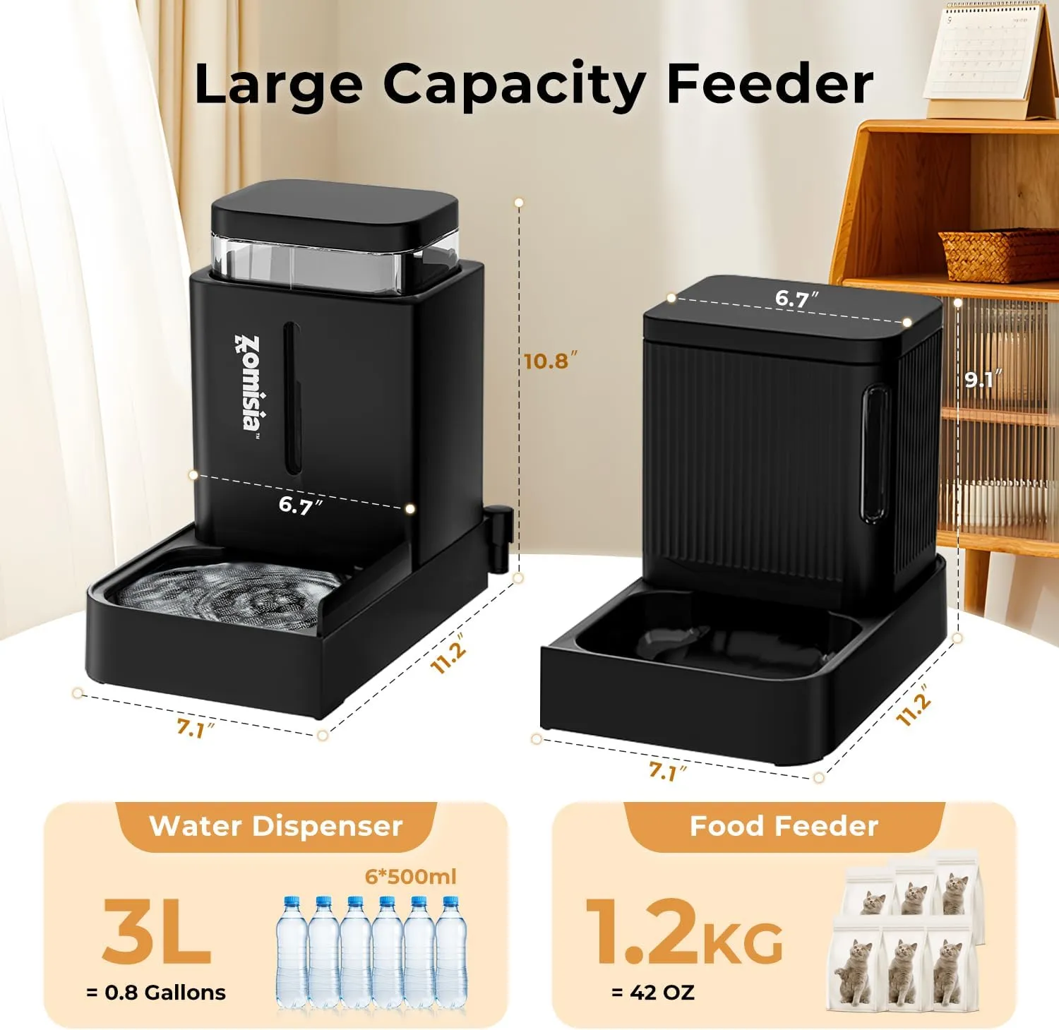 Gravity Cat Feeder and Water Dispenser, 2 in 1 Automatic Cat Feeder with 180 Degree Rotatable, 2 Pack Large Capacity Self Feeding for Small Medium Dog Puppy Kitten, Black, 0.8 Gallon x 2