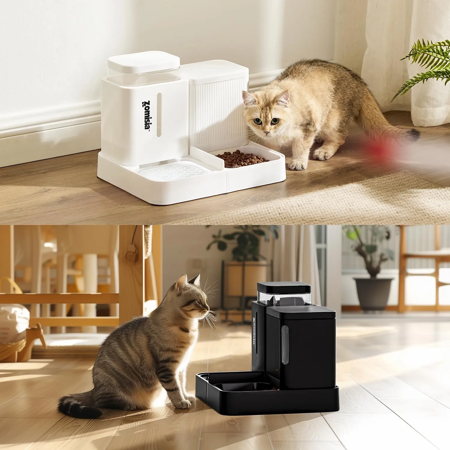 Gravity Cat Feeder and Water Dispenser, 2 in 1 Automatic Cat Feeder with 180 Degree Rotatable, 2 Pack Large Capacity Self Feeding for Small Medium Dog Puppy Kitten, Black, 0.8 Gallon x 2