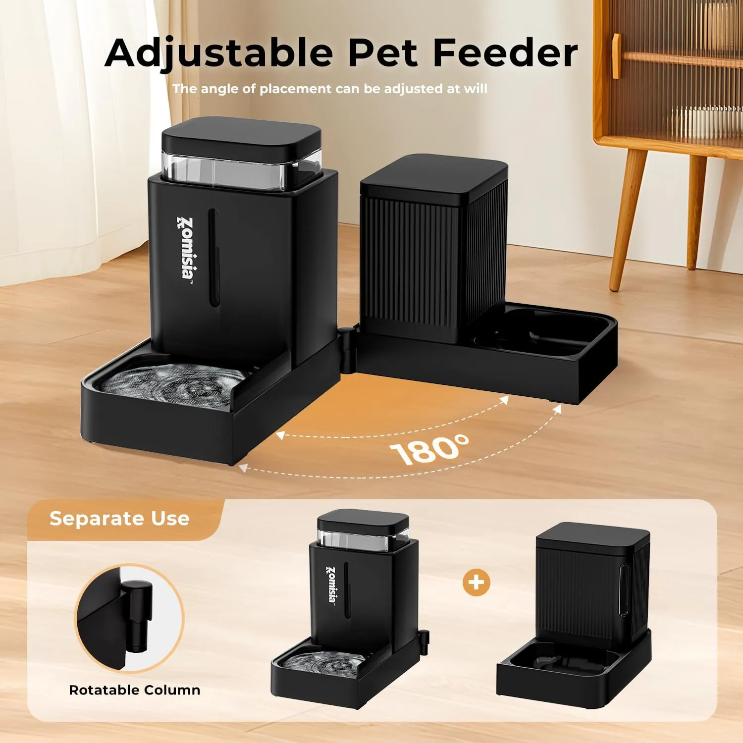 Gravity Cat Feeder and Water Dispenser, 2 in 1 Automatic Cat Feeder with 180 Degree Rotatable, 2 Pack Large Capacity Self Feeding for Small Medium Dog Puppy Kitten, Black, 0.8 Gallon x 2