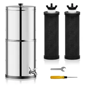 Gravity-Fed Water Filter System with 2 Black Filter Elements, NSF/ANSI 42 Certification, Provides Clean Refreshing Water at Home, Camping, RVing, Off-Grid, Emergencies, 2.25G,304 Stainless-Steel