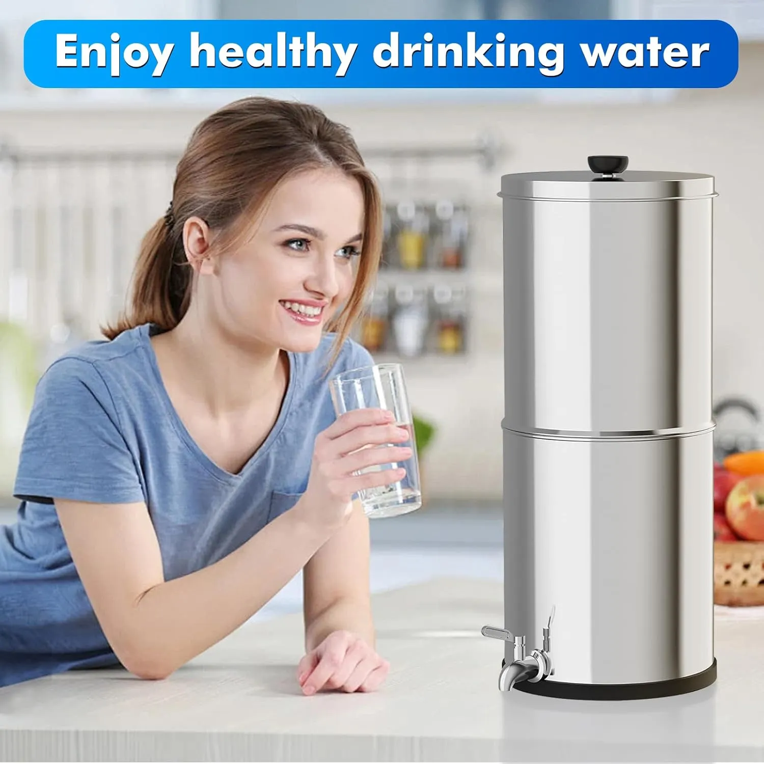 Gravity-Fed Water Filter System with 2 Black Filter Elements, NSF/ANSI 42 Certification, Provides Clean Refreshing Water at Home, Camping, RVing, Off-Grid, Emergencies, 2.25G,304 Stainless-Steel