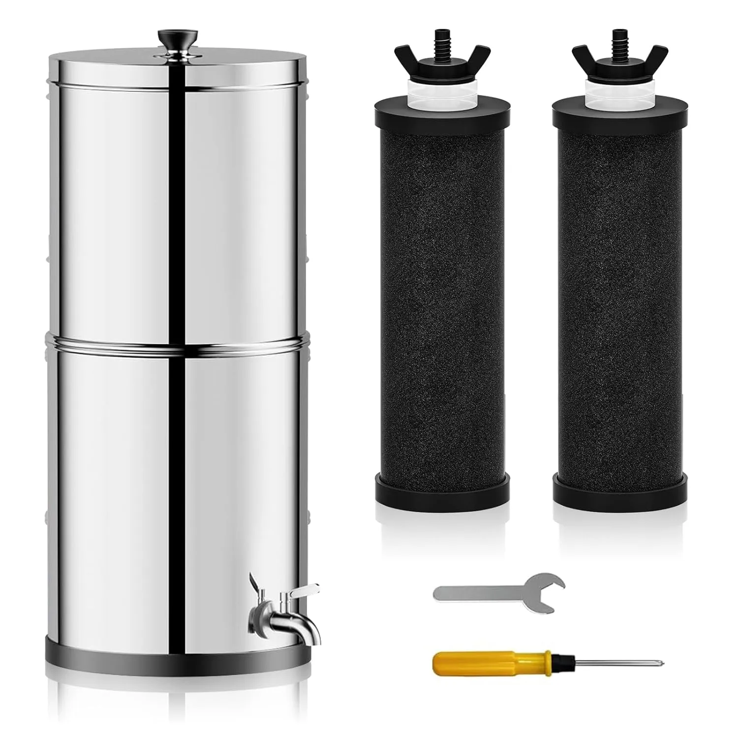Gravity-Fed Water Filter System with 2 Black Filter Elements, NSF/ANSI 42 Certification, Provides Clean Refreshing Water at Home, Camping, RVing, Off-Grid, Emergencies, 2.25G,304 Stainless-Steel