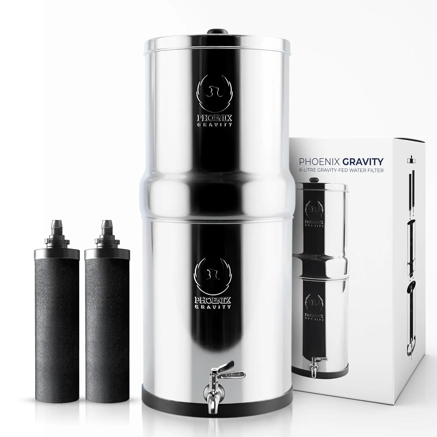 Gravity Water Filter System - 1.5 Gallons NSF Certified AISI 304 Stainless Steel Countertop Water Filter System with 2 Smart (Black) Carbon Filter Elements & Free Stainless Steel Water Spigot (1.5G)