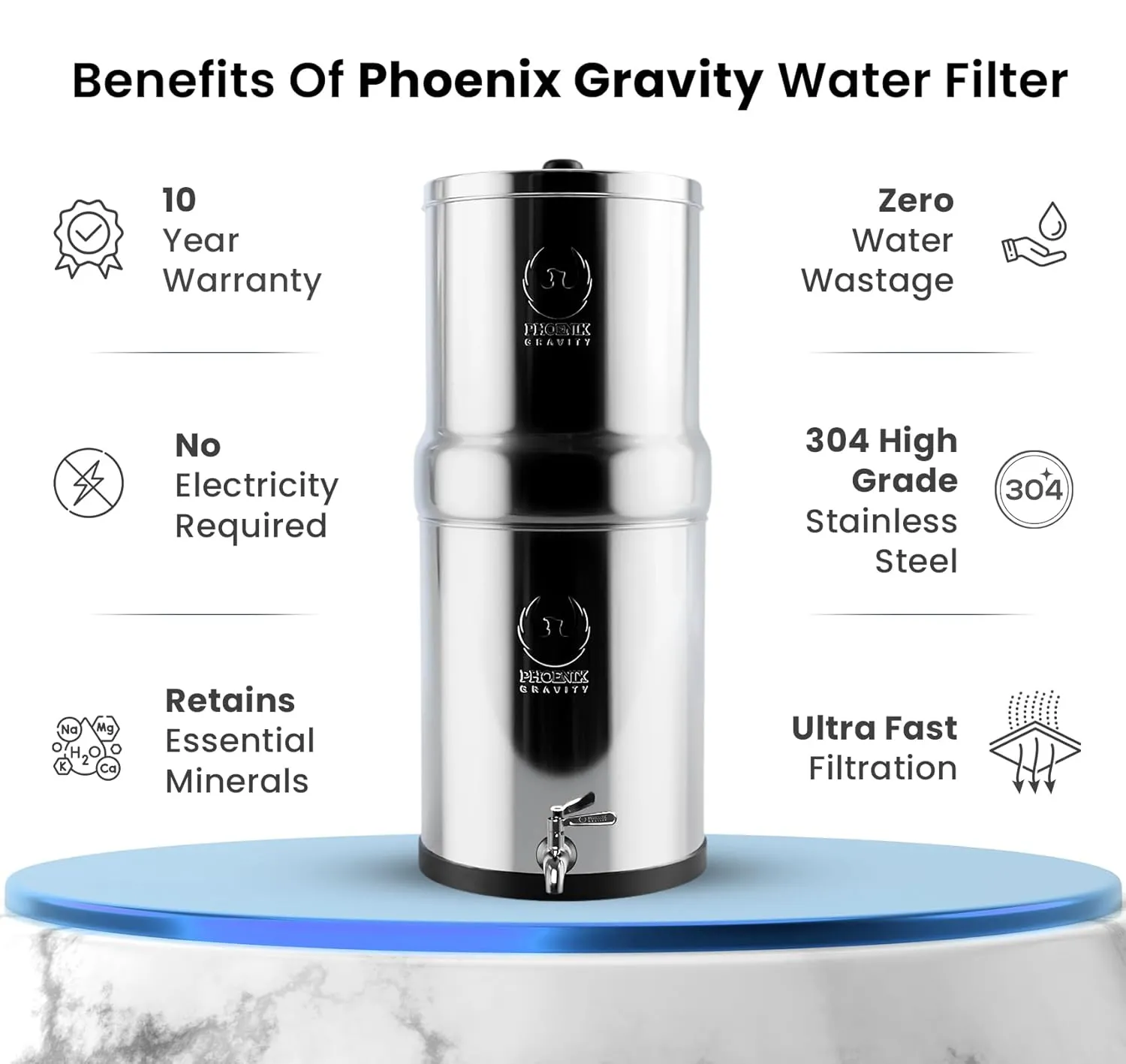 Gravity Water Filter System - 1.5 Gallons NSF Certified AISI 304 Stainless Steel Countertop Water Filter System with 2 Smart (Black) Carbon Filter Elements & Free Stainless Steel Water Spigot (1.5G)