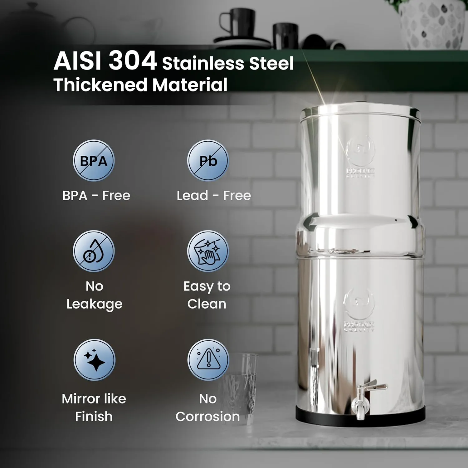 Gravity Water Filter System - 2.25 Gallons NSF Certified AISI 304 Stainless Steel Countertop Water Filter System with 2 Smart (Black) Carbon Filter Elements & Free Stainless Steel Water Spigot (2.25G)