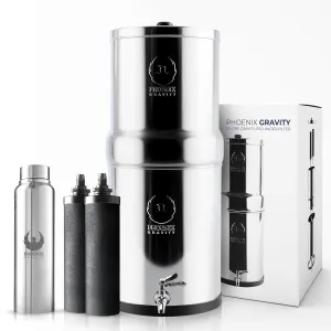 Gravity Water Filter System - 3.25 Gallons NSF Certified AISI 304 Stainless Steel Countertop Water Filter System with 2 Smart (Black) Carbon Filter Elements & Free Stainless Steel Water Spigot (3.25G)