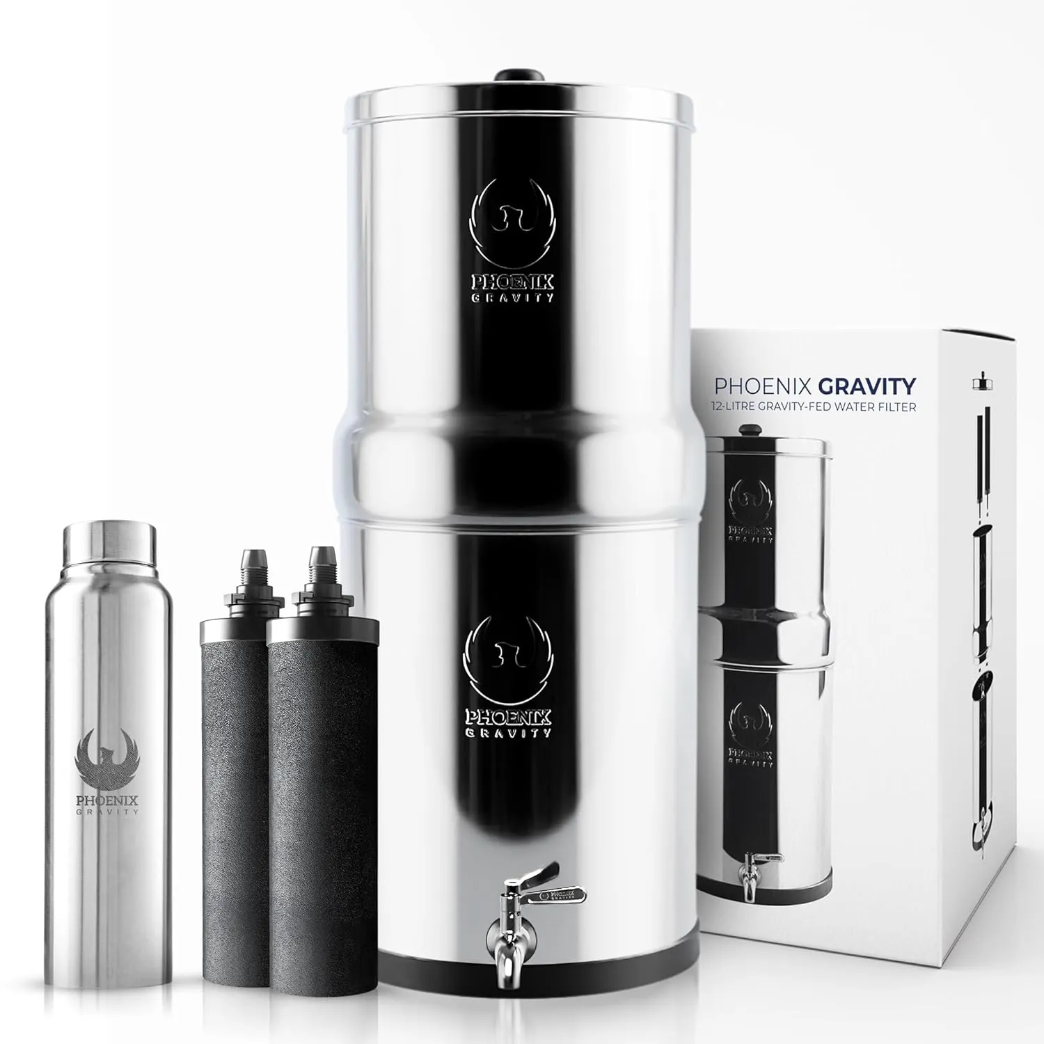 Gravity Water Filter System - 3.25 Gallons NSF Certified AISI 304 Stainless Steel Countertop Water Filter System with 2 Smart (Black) Carbon Filter Elements & Free Stainless Steel Water Spigot (3.25G)