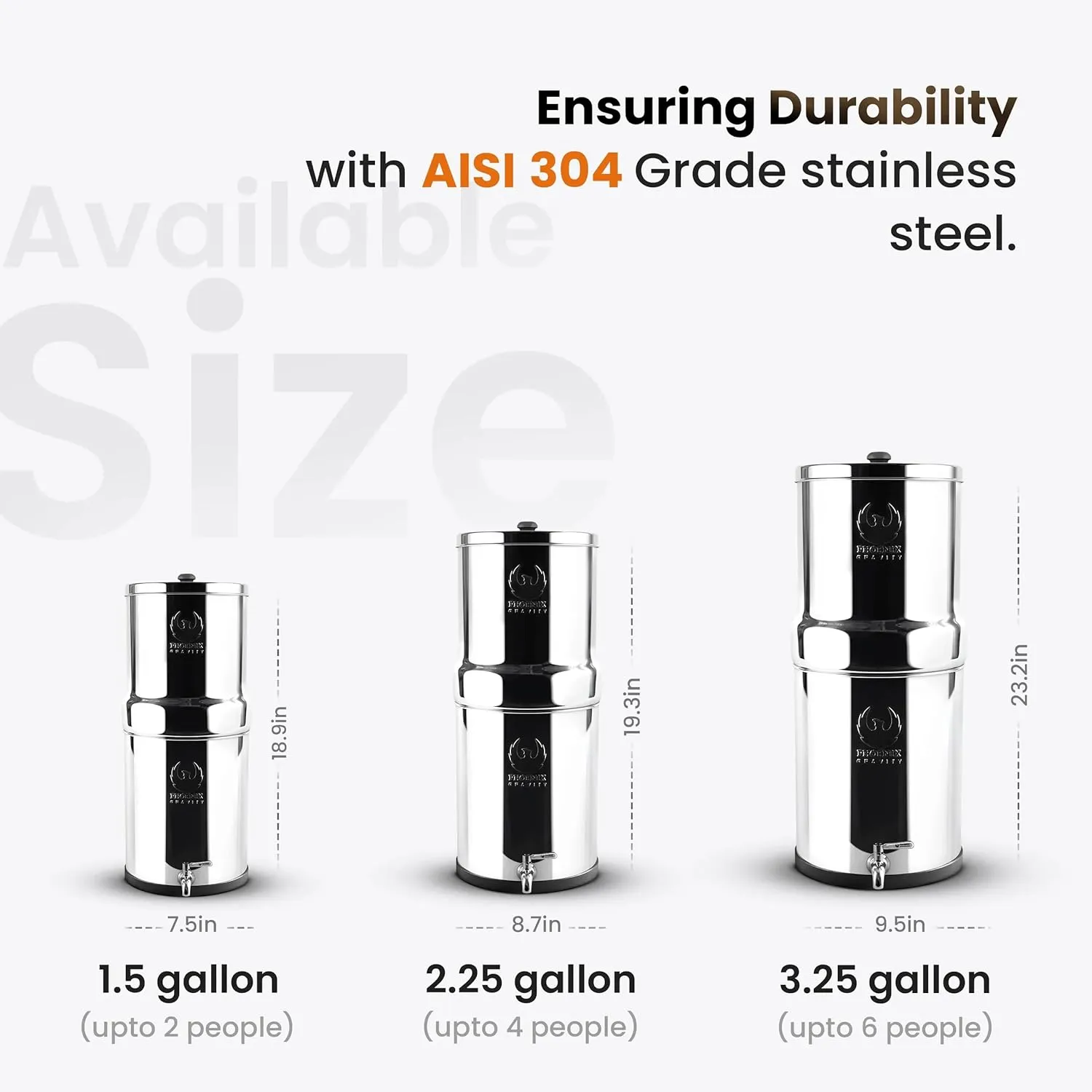 Gravity Water Filter System - 3.25 Gallons NSF Certified AISI 304 Stainless Steel Countertop Water Filter System with 2 Smart (Black) Carbon Filter Elements & Free Stainless Steel Water Spigot (3.25G)