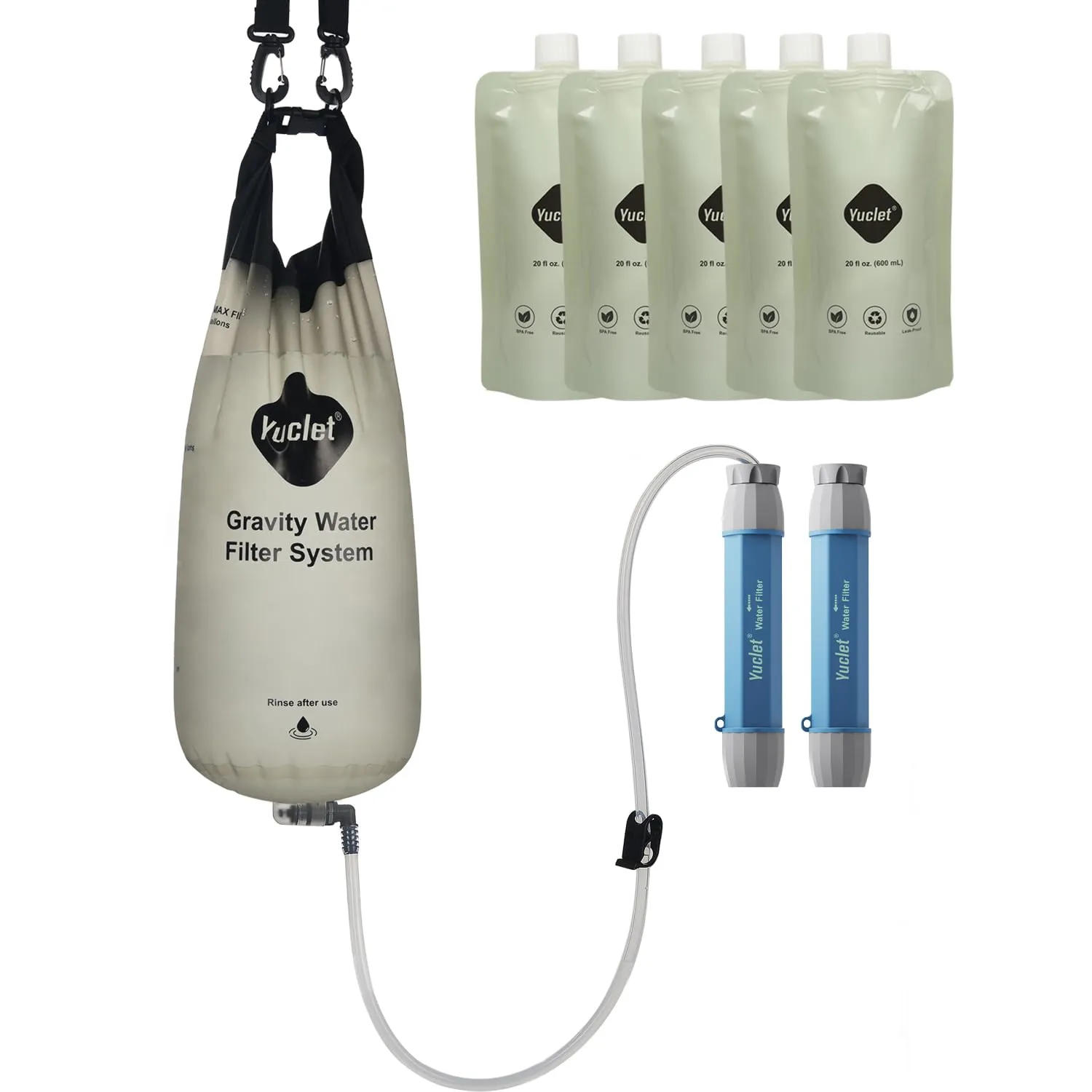 Gravity Water Filter System for Hiking, Camping, Travel, and Emergency Preparedness (1 Gravity Bag, 2 Water Filter Straw, 5 Squeezable Water Pouch)