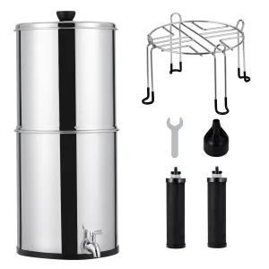 Gravity Water Filtration System 2.25 Gallon,304 Stainless Steel,Gravity-fed Water Filter System with 2 Black Carbon Filters and Stand,Chlorine and L-ead Reduction,for Home,Camping,RVing, Emergencies