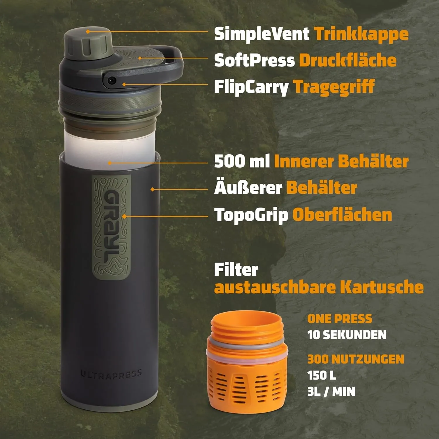 GRAYL UltraPress Water Purifier & Filter Bottle for Hiking, Backpacking, and Travel (Camp Black)