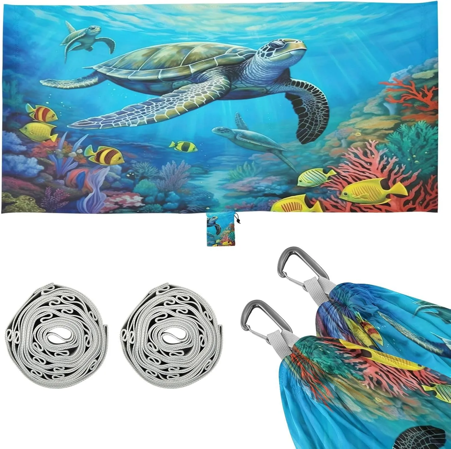 Green Sea Turtle Camping Hammock, Single Portable Hammocks with Tree Straps & Attached Carry Bag, 330Lbs Capacity Perfect for Outside Indoor Hiking Beach Backpack Travel