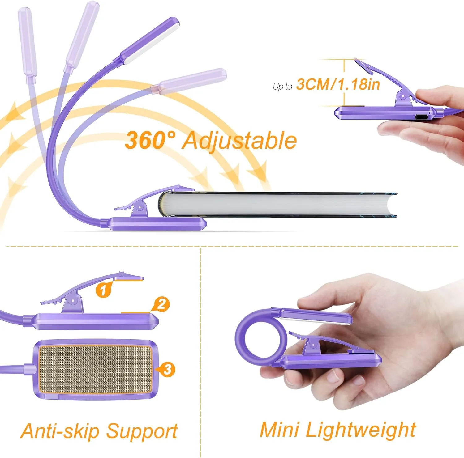Gritin 9 LED Rechargeable Book Light for Reading in Bed - Eye Caring 3 Color Temperatures,Stepless Dimming Brightness,80 Hrs Runtime Small Lightweight Clip On Book Reading Light for Studying-Purple