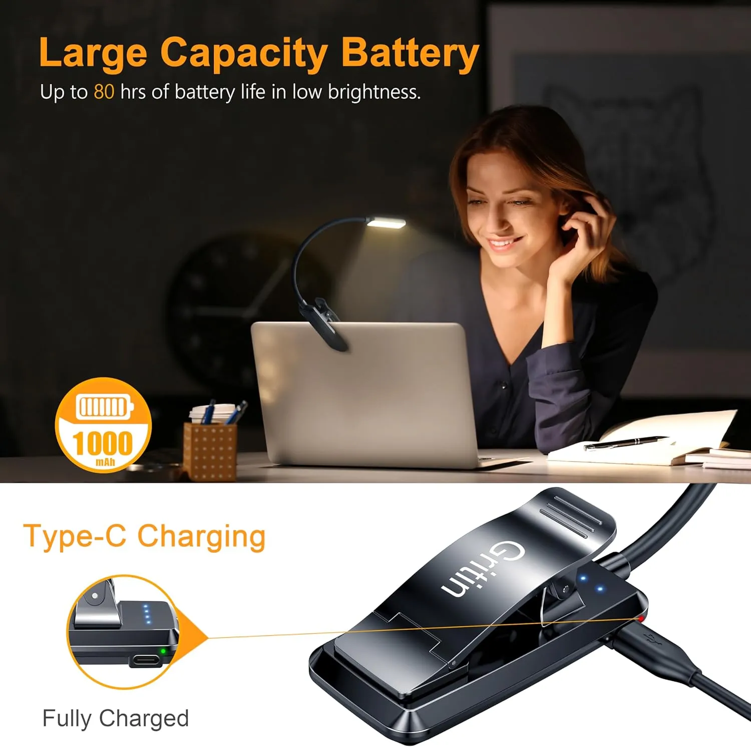 Gritin 9 LED Rechargeable Book Light for Reading in Bed -Eye Caring 3 Color Temperatures,Stepless Dimming Brightness,80 Hrs Runtime Small Lightweight Clip On Book Reading Light for Studying