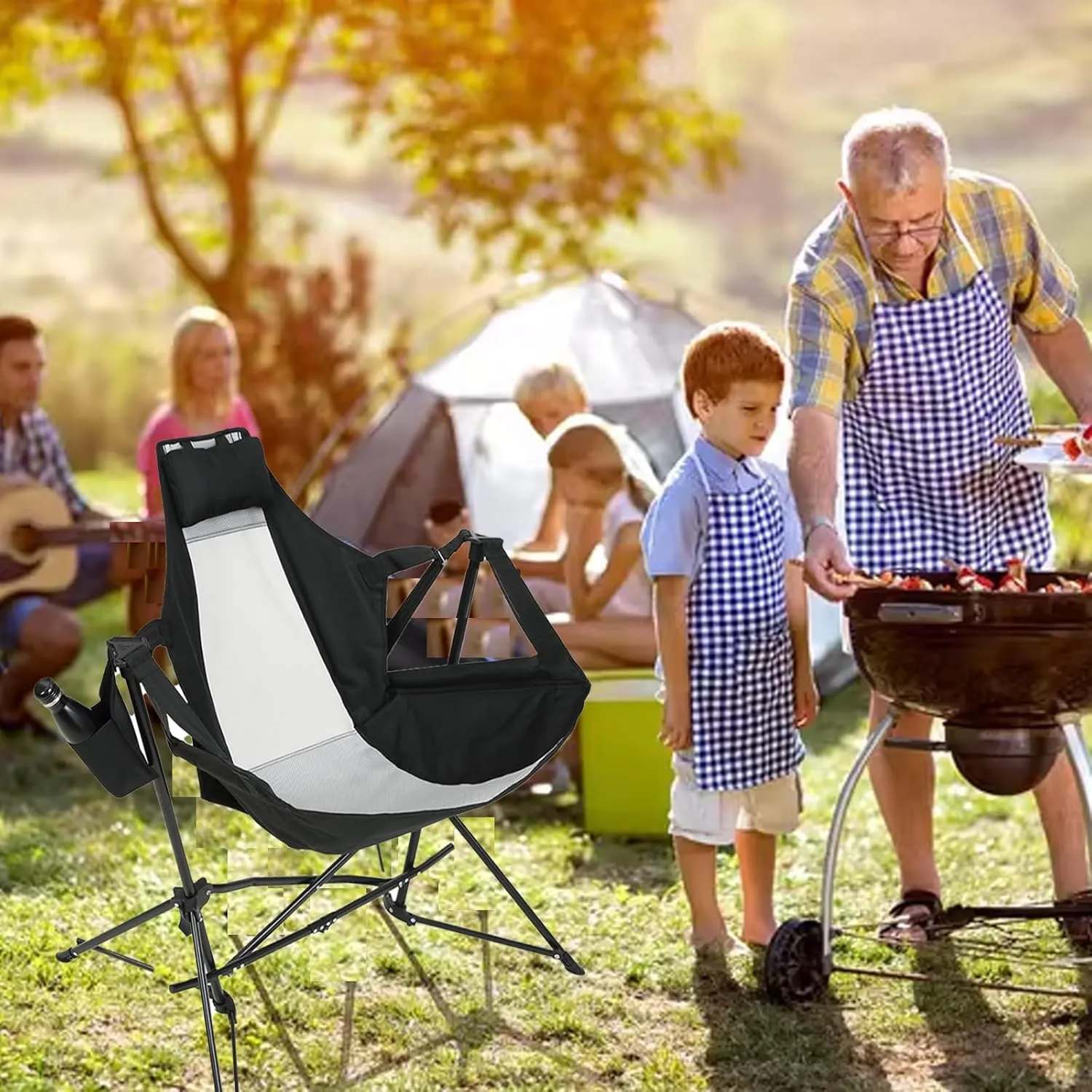 Hammock Camping Chair, Folding Portable Rocking Chair, Aluminum Alloy Adjustable Back Swinging Chair with Pillow Cup Holder, Recliner with Carry Bag for Outdoor Travel Lawn Backyard, Black