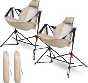 Hammock Camping Chair Set of 2 - Folding Portable Rocking Chair with Adjustable Aluminum Alloy Back, Pillow, and Cup Holder - Perfect for Outdoor Travel, Lawn, Backyard (Khaki)