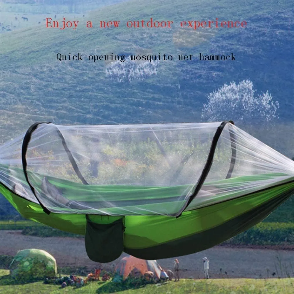 Hammock Camping Hammock, with Mosquito Net Portable Double Single Hammocks with Bug Insect Net Quick Opening Brace Camping Outdoor Hammock (Color : Light Blue) (Dark Green)