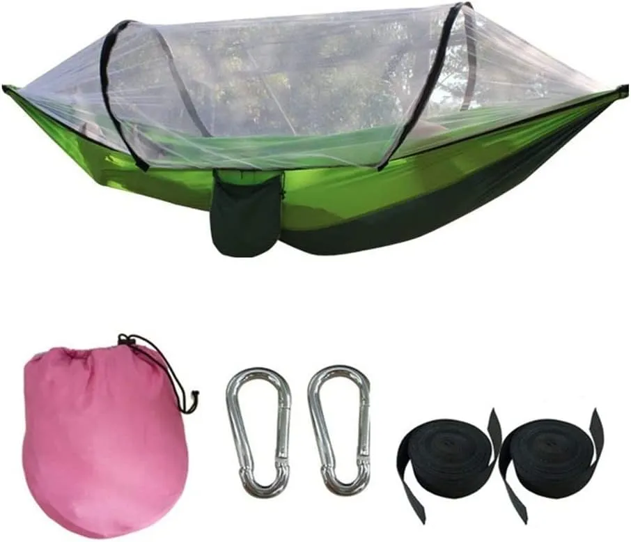 Hammock Camping Hammock, with Mosquito Net Portable Double Single Hammocks with Bug Insect Net Quick Opening Brace Camping Outdoor Hammock (Color : Light Blue) (Dark Green)