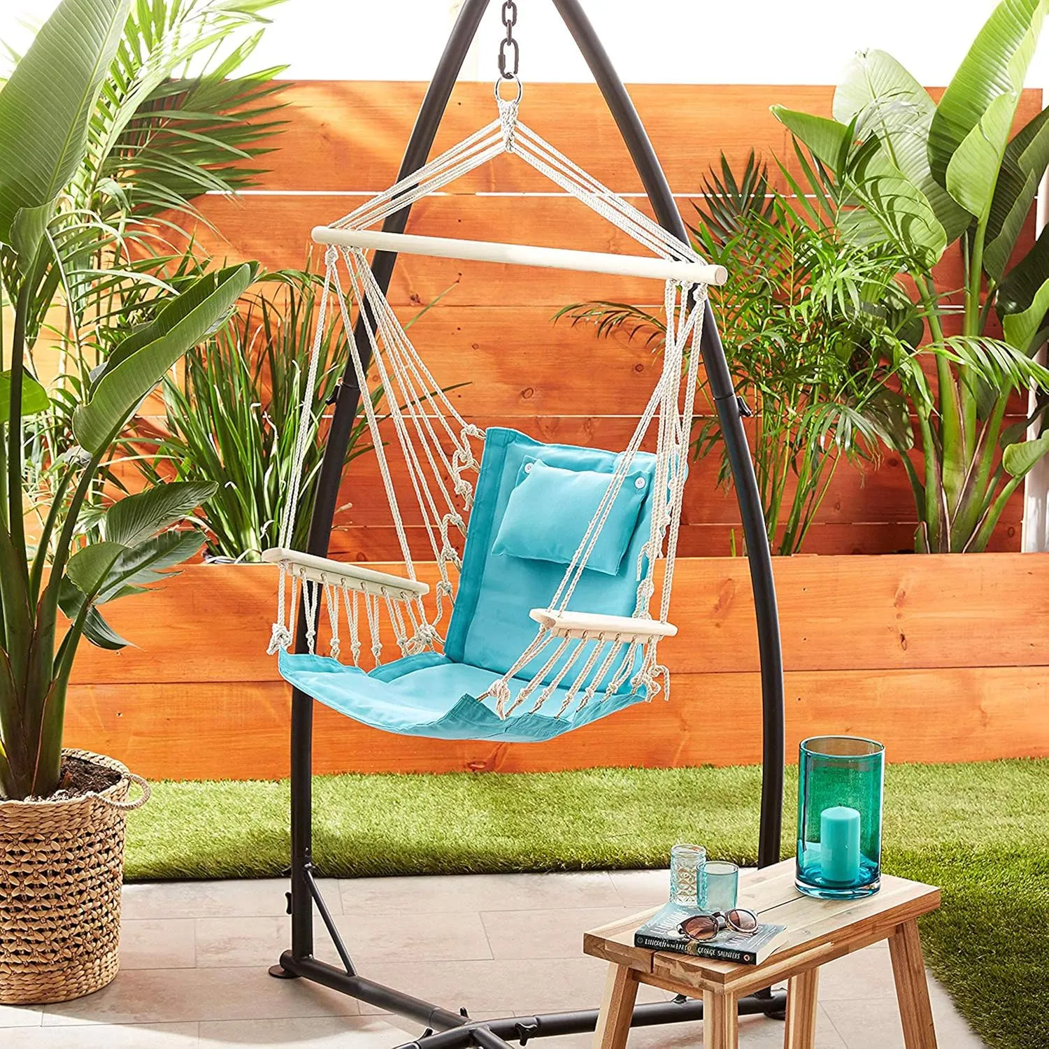 Hammock Chair Hanging Rope Swing, *12 Patterns, Quality Comfortable and Breathable Fabric - Indoor/Outdoor - Aqua Blue