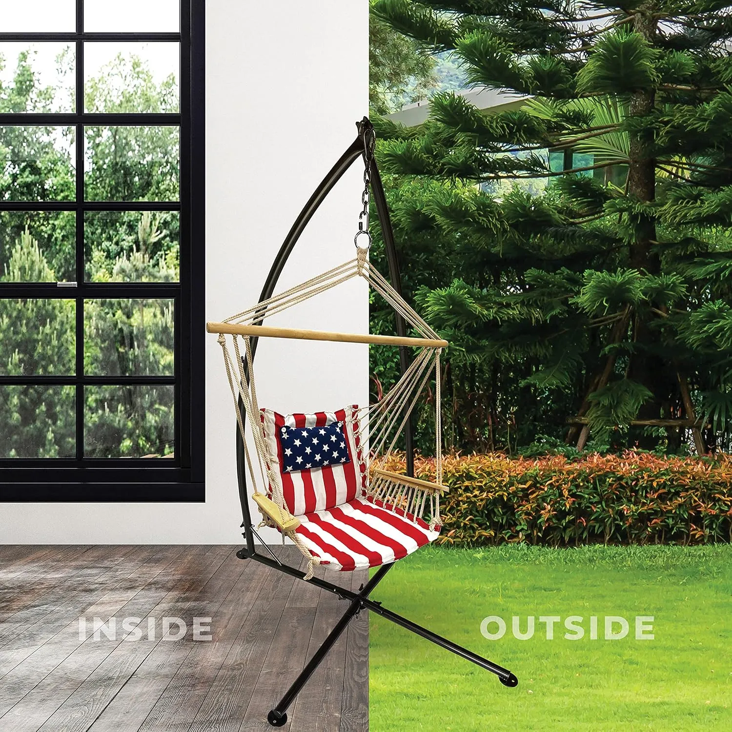 Hammock Chair Hanging Rope Swing, *12 Patterns, Quality Comfortable and Breathable Fabric - Indoor/Outdoor - Red, White and Blue