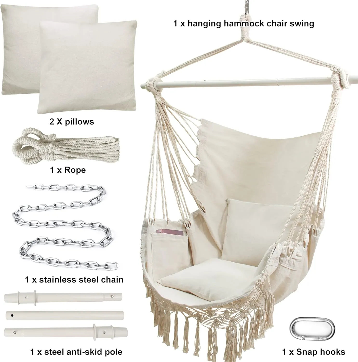 Hammock Chair with Tassels Hanging Rope Swing with 2 Cushions;Steel Spreader Bar with Anti Slip Rings;350Lbs Max;Cotton Woven Fabric for Bedroom,Patio,Porch,Deck-Indoor Outdoor White