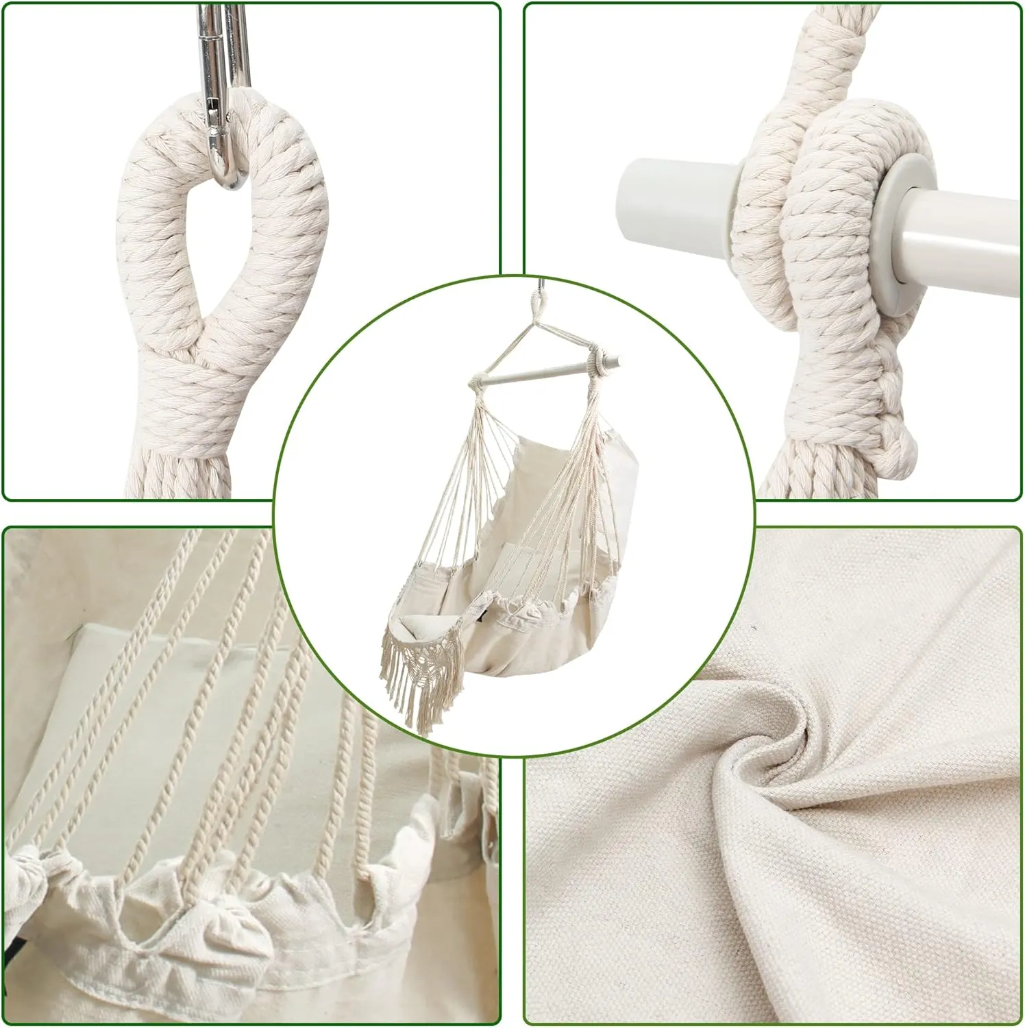 Hammock Chair with Tassels Hanging Rope Swing with 2 Cushions;Steel Spreader Bar with Anti Slip Rings;350Lbs Max;Cotton Woven Fabric for Bedroom,Patio,Porch,Deck-Indoor Outdoor White
