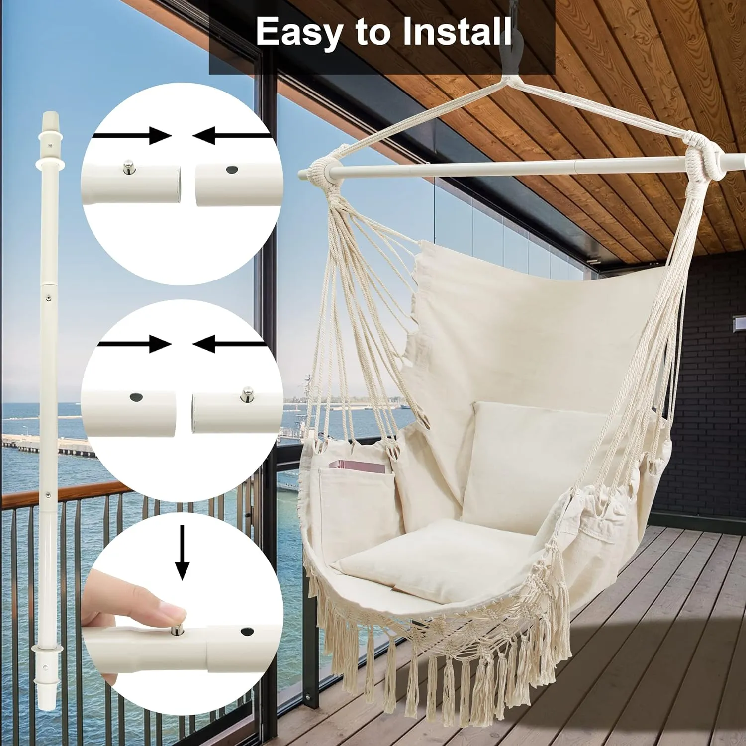 Hammock Chair with Tassels Hanging Rope Swing with 2 Cushions;Steel Spreader Bar with Anti Slip Rings;350Lbs Max;Cotton Woven Fabric for Bedroom,Patio,Porch,Deck-Indoor Outdoor White