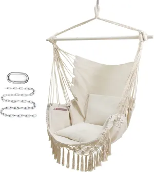 Hammock Chair with Tassels Hanging Rope Swing with 2 Cushions;Steel Spreader Bar with Anti Slip Rings;350Lbs Max;Cotton Woven Fabric for Bedroom,Patio,Porch,Deck-Indoor Outdoor White