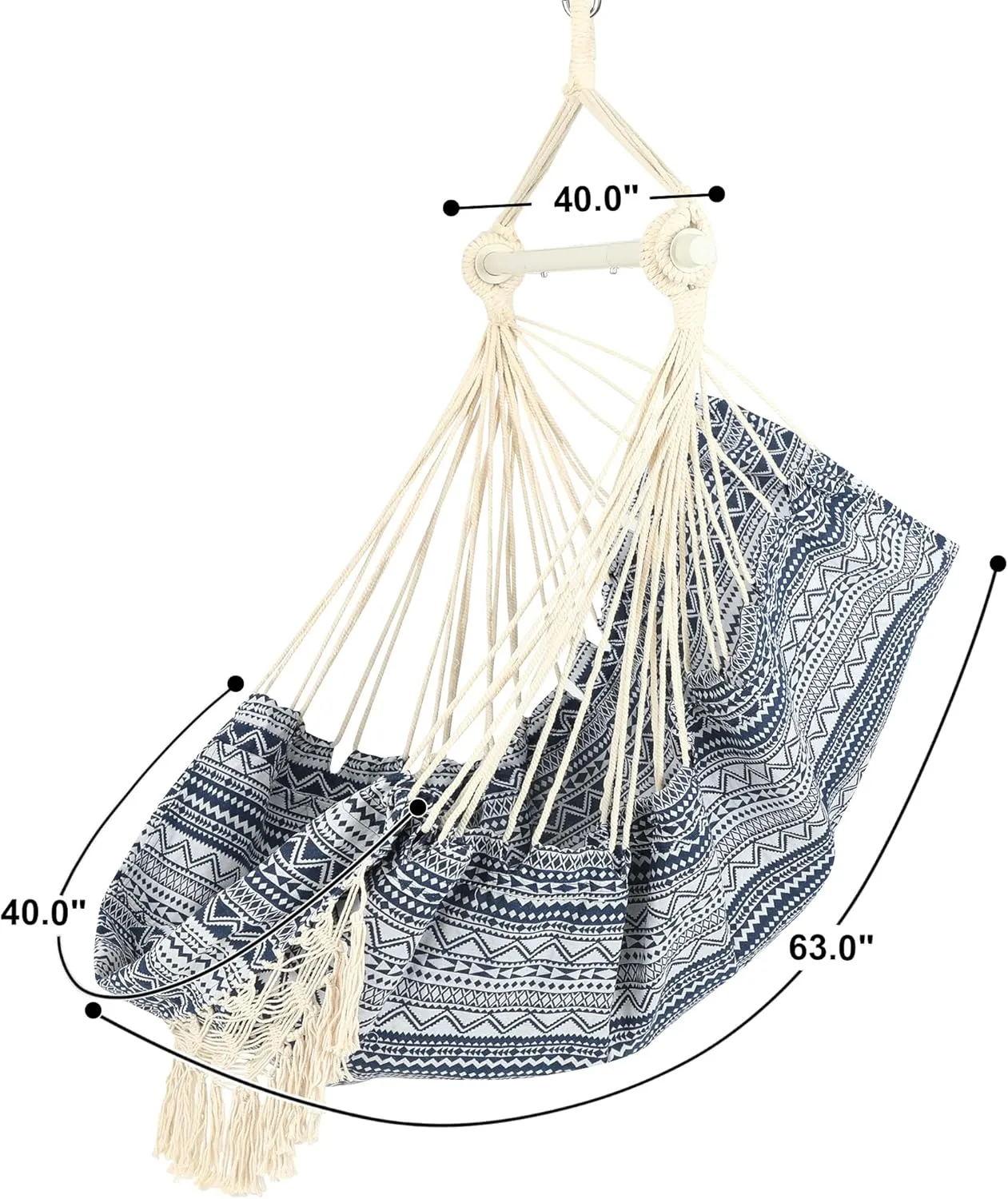 Hammock Chair with Tassels Hanging Rope Swing with 2 Cushions;Steel Spreader Bar with Anti Slip Rings;350Lbs Max;Cotton Woven Fabric for Bedroom,Patio,Porch,Deck-Indoor Outdoor(Boho Pattern)