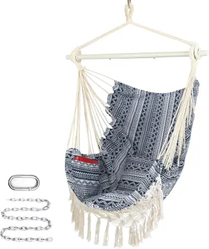Hammock Chair with Tassels Hanging Rope Swing with 2 Cushions;Steel Spreader Bar with Anti Slip Rings;350Lbs Max;Cotton Woven Fabric for Bedroom,Patio,Porch,Deck-Indoor Outdoor(Boho Pattern)