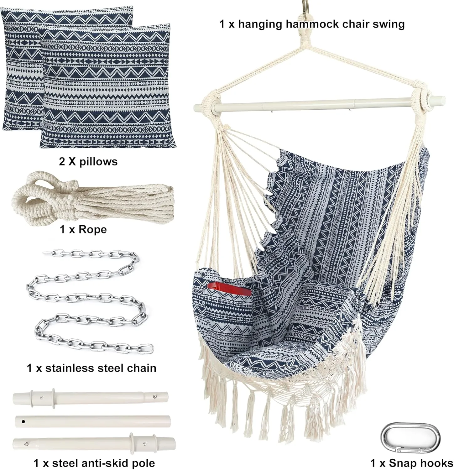 Hammock Chair with Tassels Hanging Rope Swing with 2 Cushions;Steel Spreader Bar with Anti Slip Rings;350Lbs Max;Cotton Woven Fabric for Bedroom,Patio,Porch,Deck-Indoor Outdoor(Boho Pattern)
