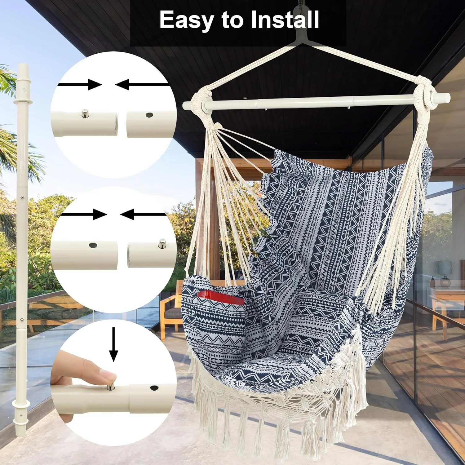 Hammock Chair with Tassels Hanging Rope Swing with 2 Cushions;Steel Spreader Bar with Anti Slip Rings;350Lbs Max;Cotton Woven Fabric for Bedroom,Patio,Porch,Deck-Indoor Outdoor(Boho Pattern)