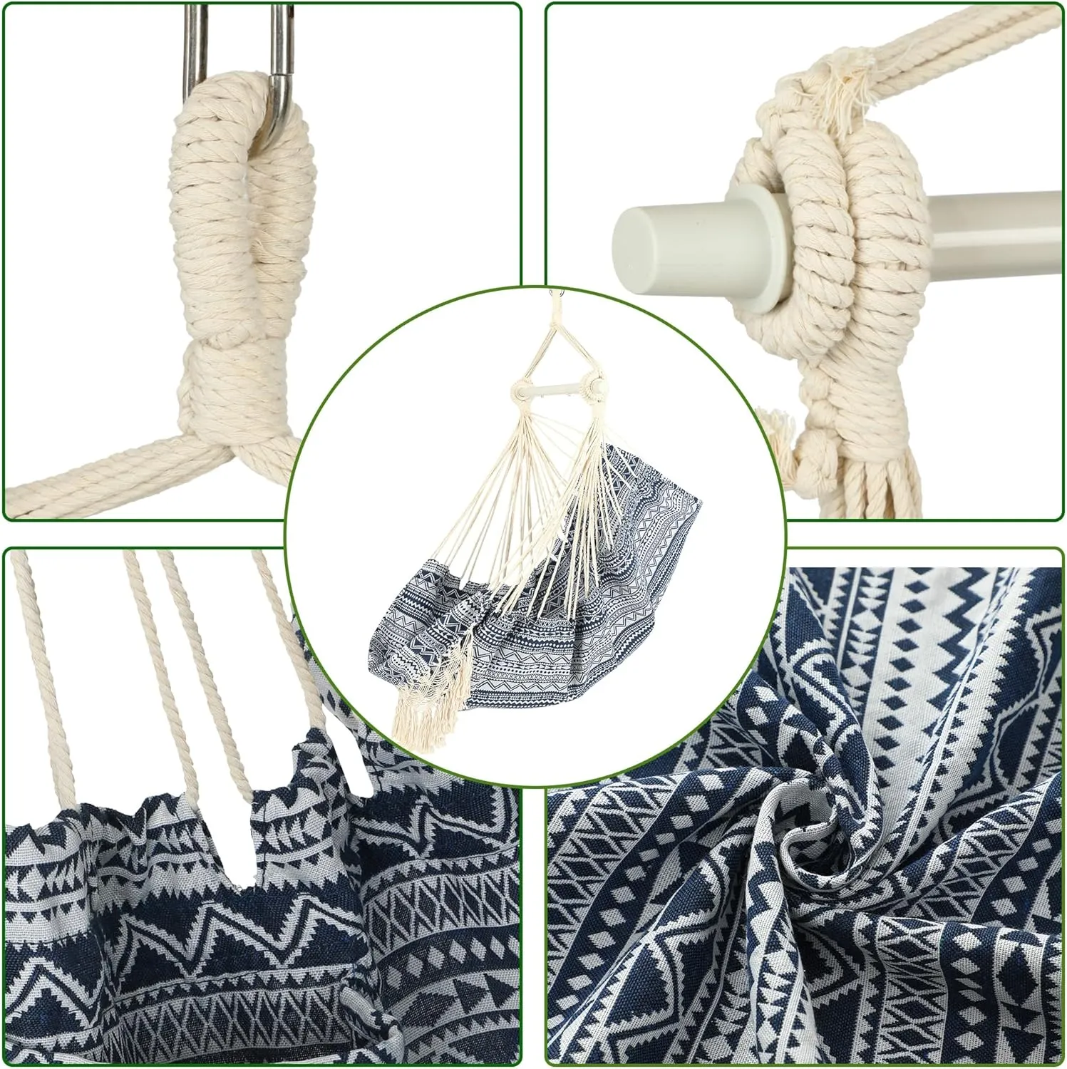 Hammock Chair with Tassels Hanging Rope Swing with 2 Cushions;Steel Spreader Bar with Anti Slip Rings;350Lbs Max;Cotton Woven Fabric for Bedroom,Patio,Porch,Deck-Indoor Outdoor(Boho Pattern)