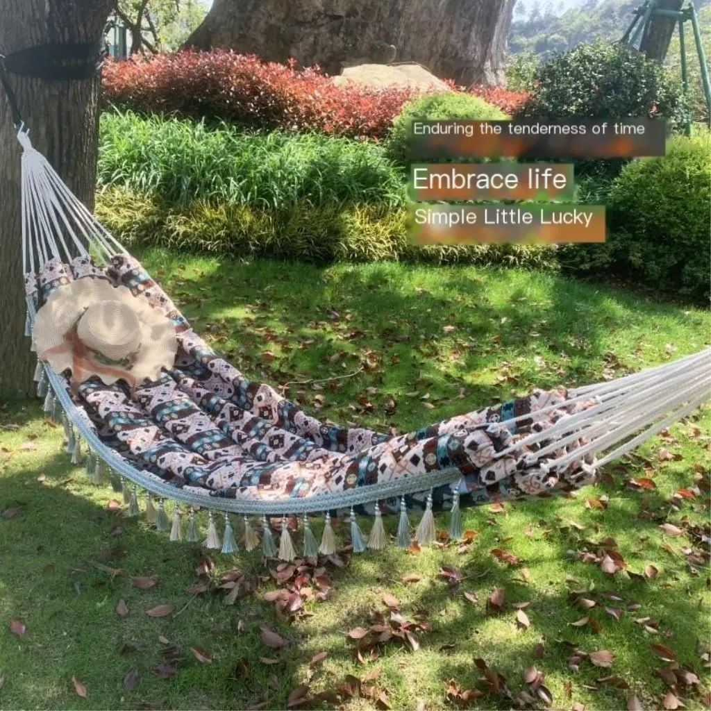 Hammock Double Anti-Rollover Canvas Hammock Outdoor Products Portable Widened Swing Retro Geometric Nordic Style Hammock Hammock Outdoor(F)