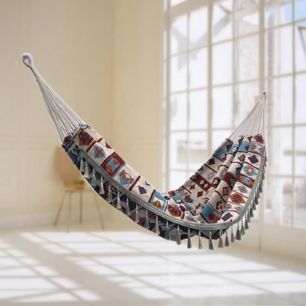 Hammock Double Anti-Rollover Canvas Hammock Outdoor Products Portable Widened Swing Retro Geometric Nordic Style Hammock Hammock Outdoor(F)