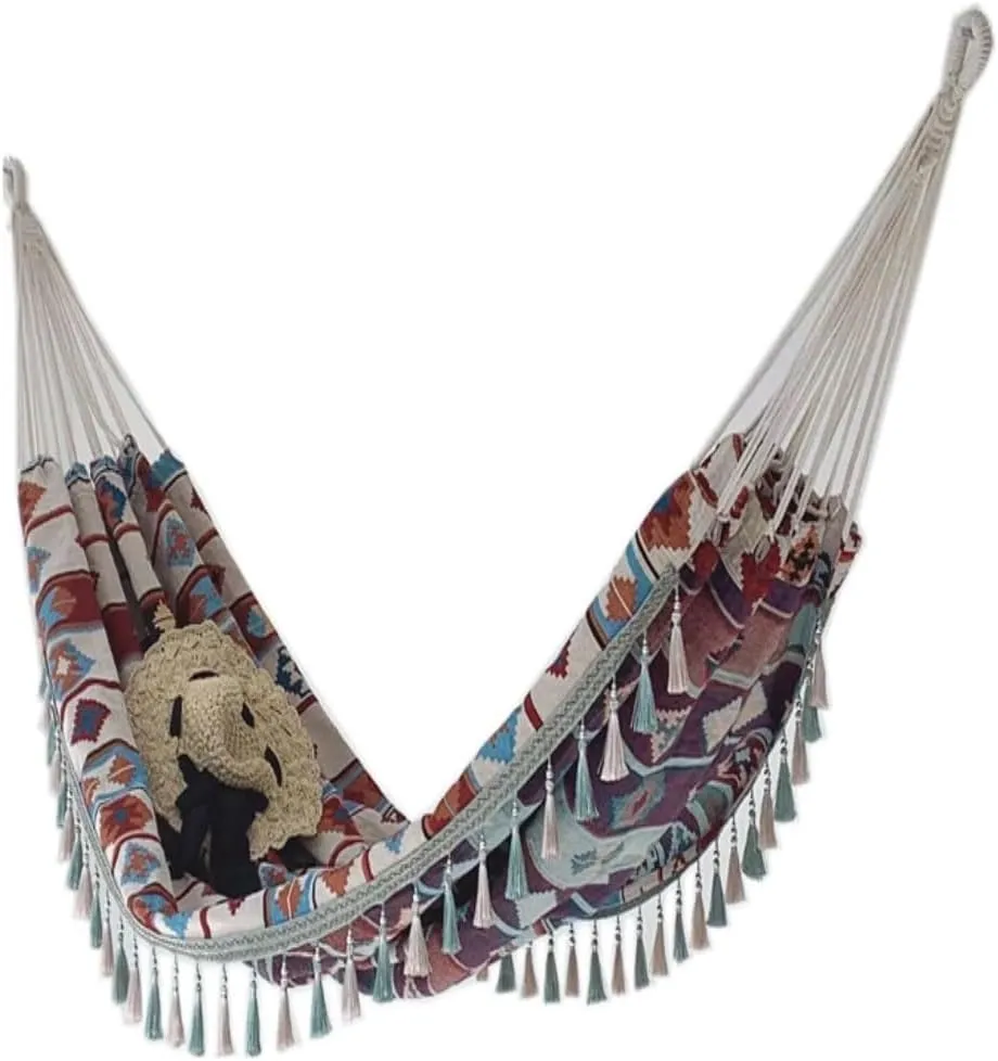 Hammock Double Anti-Rollover Canvas Hammock Outdoor Products Portable Widened Swing Retro Geometric Nordic Style Hammock Hammock Outdoor(F)