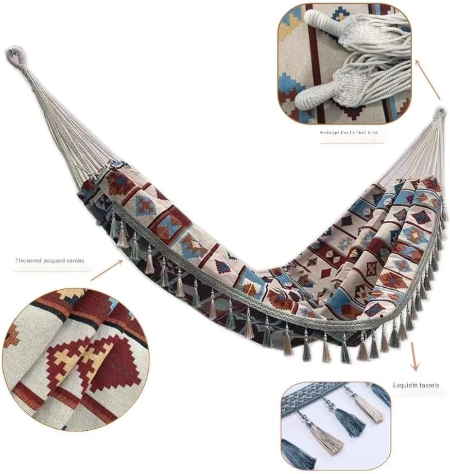 Hammock Double Anti-Rollover Canvas Hammock Outdoor Products Portable Widened Swing Retro Geometric Nordic Style Hammock Hammock Outdoor(F)