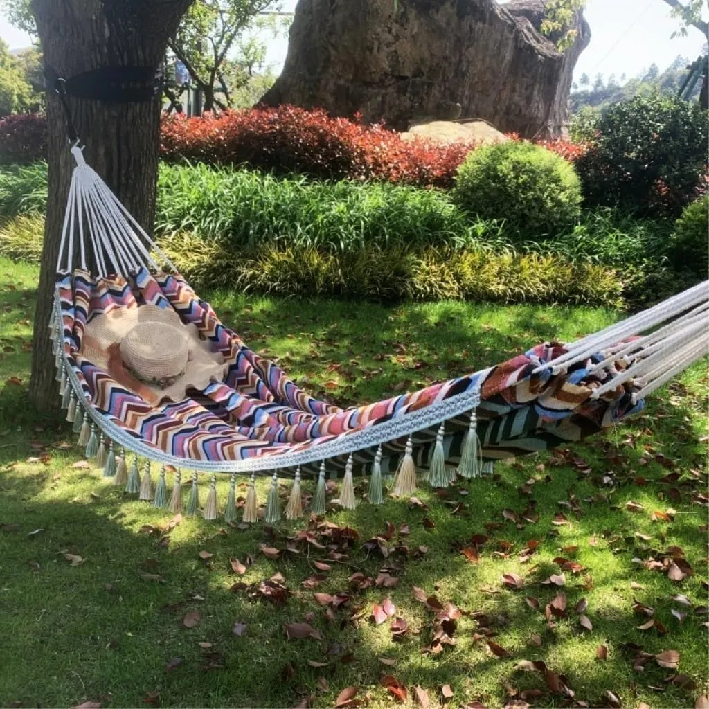 Hammock Double Anti-Rollover Canvas Hammock Outdoor Products Portable Widened Swing Retro Geometric Nordic Style Hammock Hammock Outdoor(F)