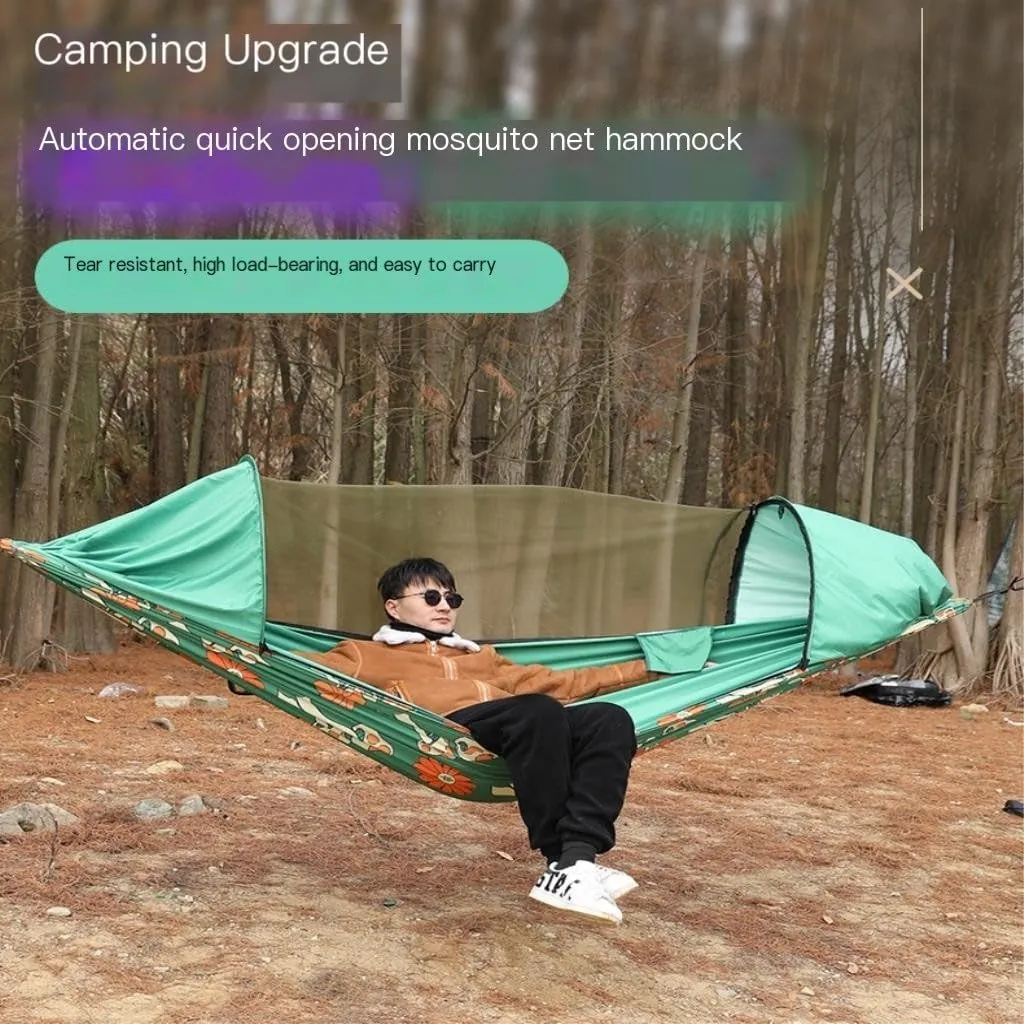 Hammock Double Automatic Quick-Open Pole Double-Layer Hammock with Sunshade Outdoor Camper Double Hammock with Mosquito Net Hammock Outdoor(B)